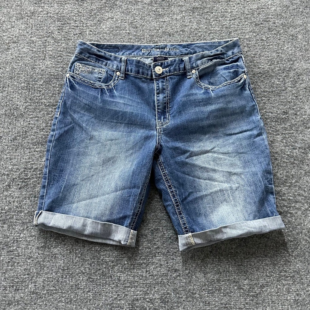 Rhythm in Blues Shorts Womens Size 14 Blue Denim Bermuda Cuffed Stretch Casual